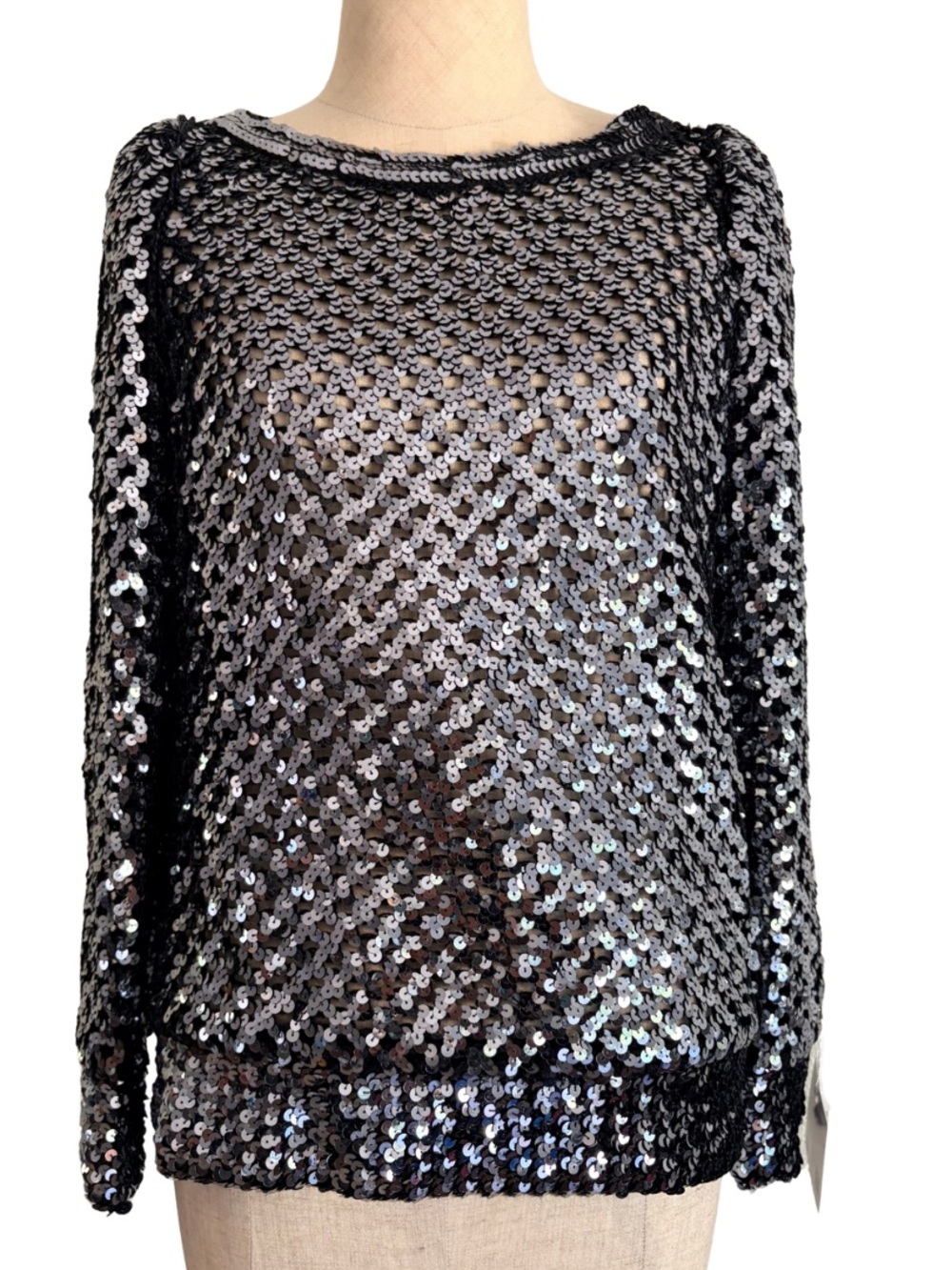 VTG 70s Sequin partique sequit knit top long sleeve disco sheer dark gray slate